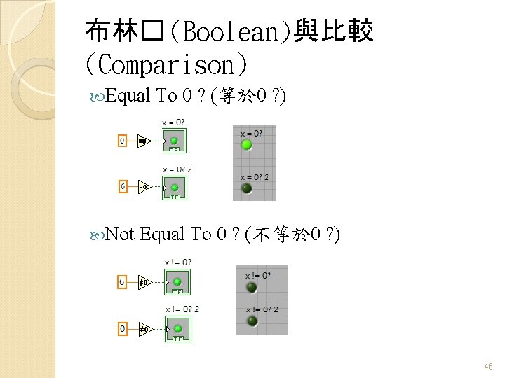 布林� (Boolean)與比較 (Comparison) Equal To 0 ? (等於 0 ? ) Not Equal To 布林� (Boolean)與比較 (Comparison) Equal To 0 ? (等於 0 ? ) Not Equal To