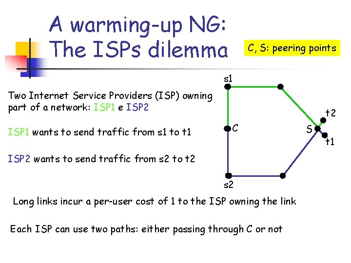A warming-up NG: The ISPs dilemma C, S: peering points s 1 Two Internet