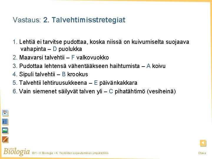 Vastaus: 2. Talvehtimisstretegiat 1. Lehtiä ei tarvitse pudottaa, koska niissä on kuivumiselta suojaava vahapinta