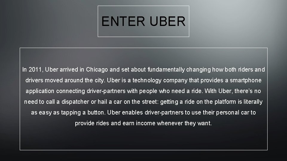 ENTER UBER In 2011, Uber arrived in Chicago and set about fundamentally changing how