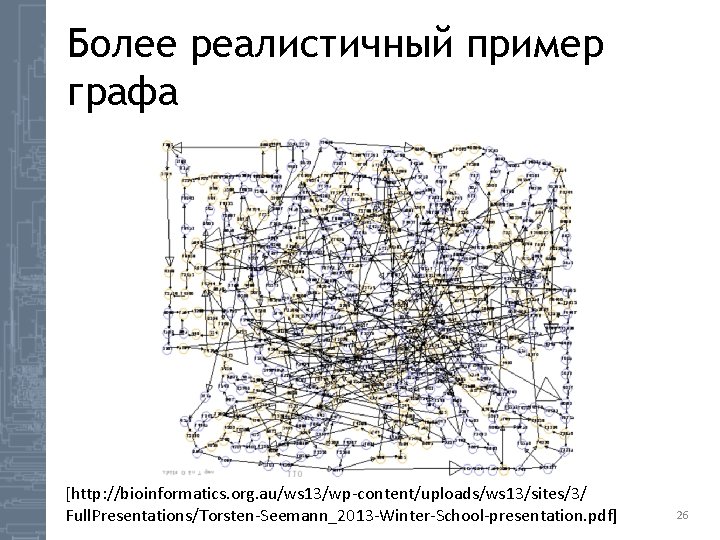 Более реалистичный пример графа [http: //bioinformatics. org. au/ws 13/wp-content/uploads/ws 13/sites/3/ Full. Presentations/Torsten-Seemann_2013 -Winter-School-presentation. pdf]