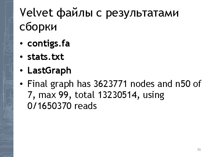 Velvet файлы с результатами сборки • • contigs. fa stats. txt Last. Graph Final