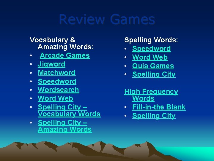 Review Games Vocabulary & Amazing Words: • Arcade Games • Jigword • Matchword •