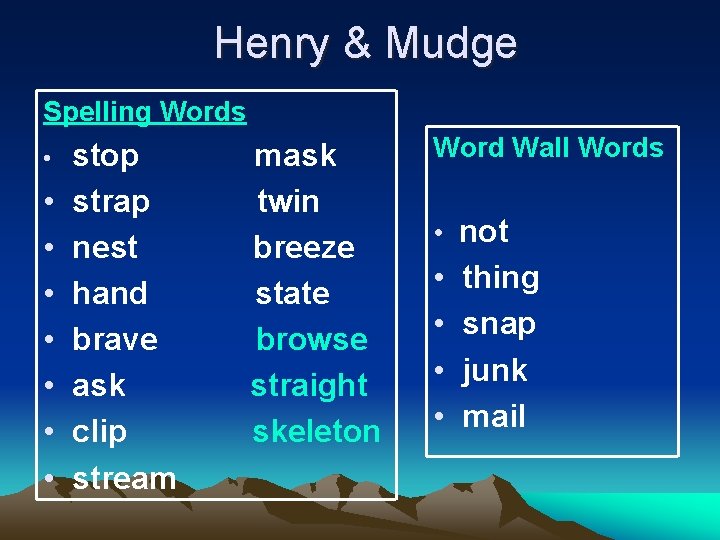 Henry & Mudge Spelling Words stop mask • strap twin • nest breeze •