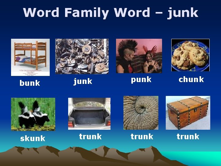 Word Family Word – junk bunk skunk junk trunk punk chunk trunk 