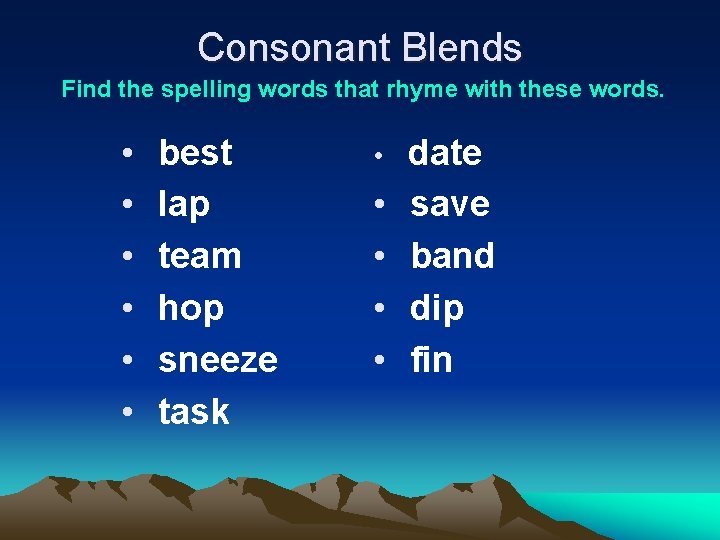 Consonant Blends Find the spelling words that rhyme with these words. • • •