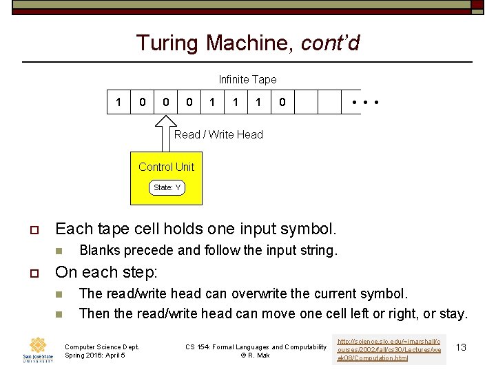 Turing Machine, cont’d o Each tape cell holds one input symbol. n o Blanks