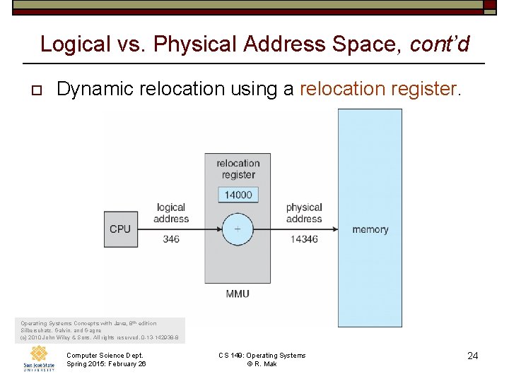 Logical vs. Physical Address Space, cont’d o Dynamic relocation using a relocation register. Operating