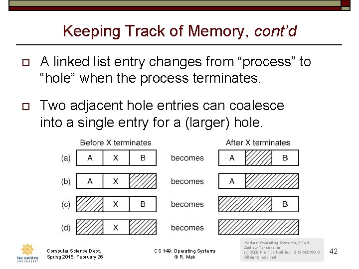 Keeping Track of Memory, cont’d o A linked list entry changes from “process” to