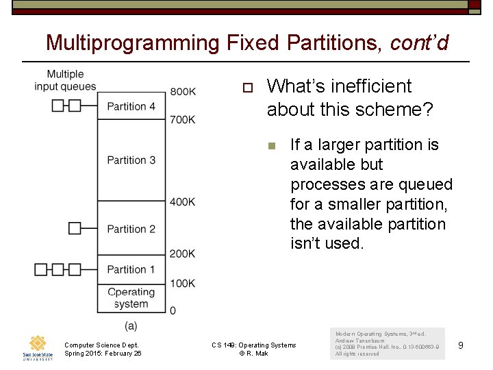 Multiprogramming Fixed Partitions, cont’d o What’s inefficient about this scheme? n Computer Science Dept.