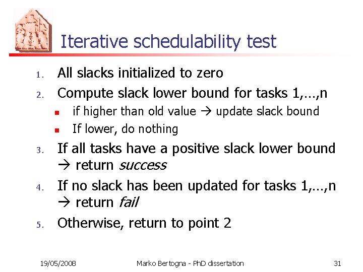 Iterative schedulability test 1. 2. All slacks initialized to zero Compute slack lower bound