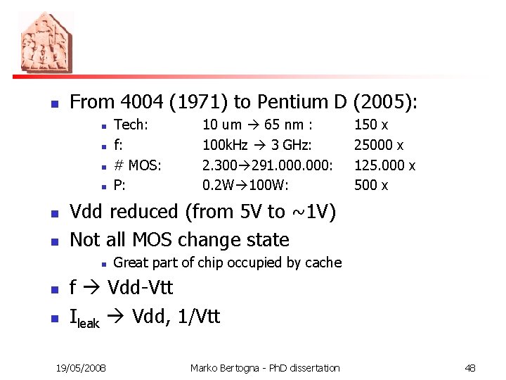 n From 4004 (1971) to Pentium D (2005): n n n n 10 um