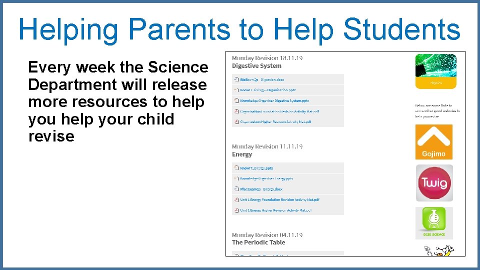 Helping Parents to Help Students Every week the Science Department will release more resources