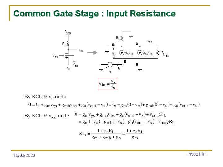 Common Gate Stage : Input Resistance 10/30/2020 Insoo Kim 