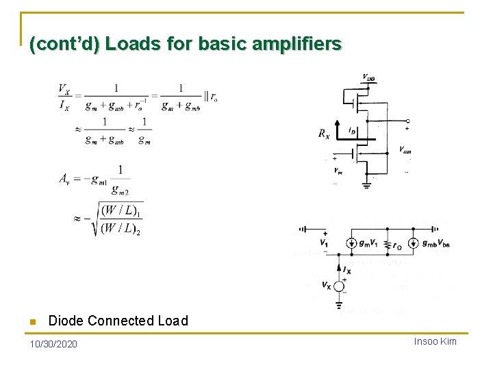 (cont’d) Loads for basic amplifiers n Diode Connected Load 10/30/2020 Insoo Kim 