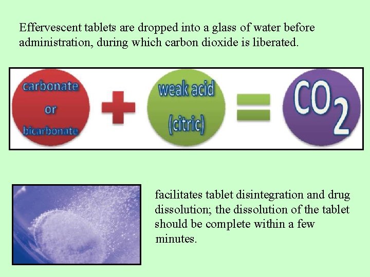 Effervescent tablets are dropped into a glass of water before administration, during which carbon