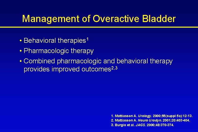 Management of Overactive Bladder • Behavioral therapies 1 • Pharmacologic therapy • Combined pharmacologic