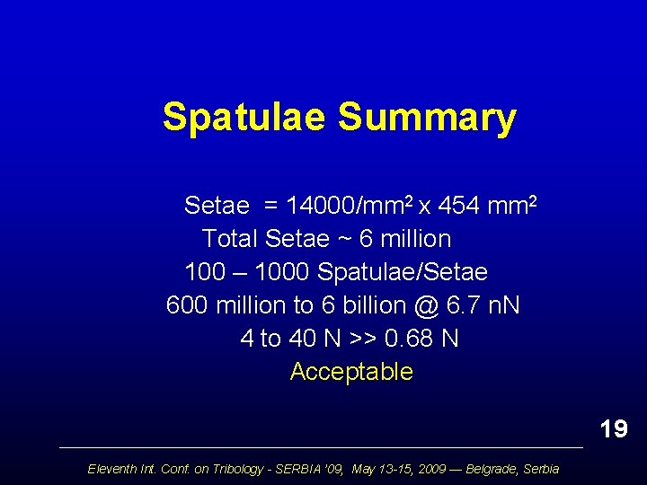 Spatulae Summary Setae = 14000/mm 2 x 454 mm 2 Total Setae ~ 6