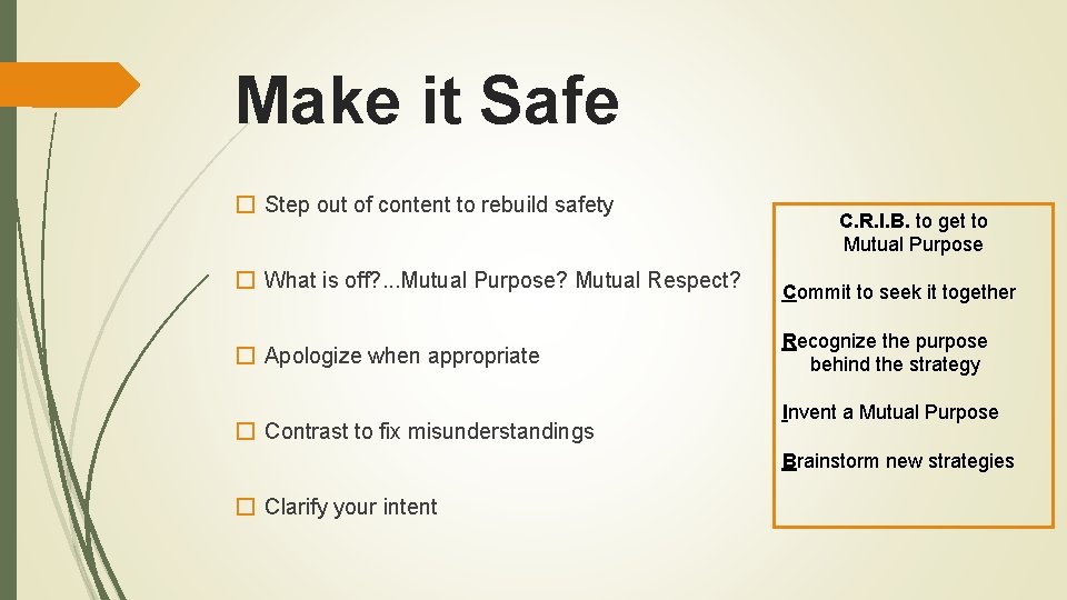 Make it Safe � Step out of content to rebuild safety � What is