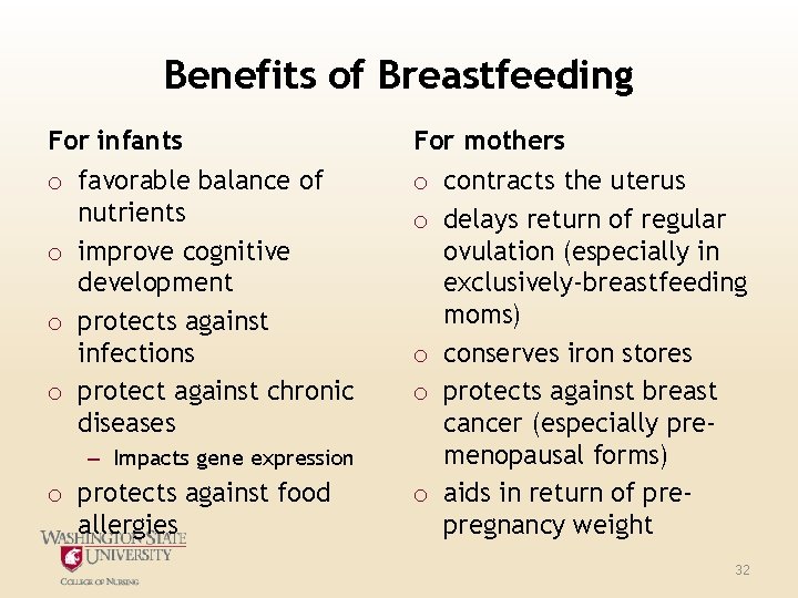 Benefits of Breastfeeding For infants For mothers o favorable balance of nutrients o improve