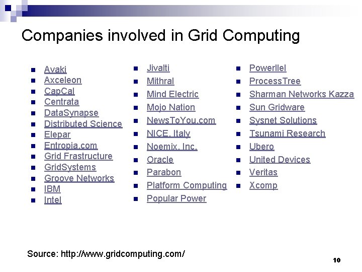 Companies involved in Grid Computing n n n n Avaki Axceleon Cap. Cal Centrata