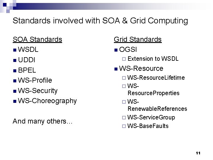 Standards involved with SOA & Grid Computing SOA Standards n WSDL n UDDI n