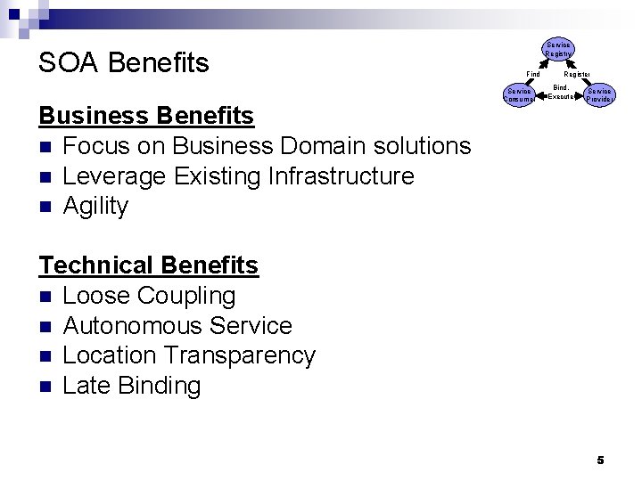 SOA Benefits Business Benefits n Focus on Business Domain solutions n Leverage Existing Infrastructure