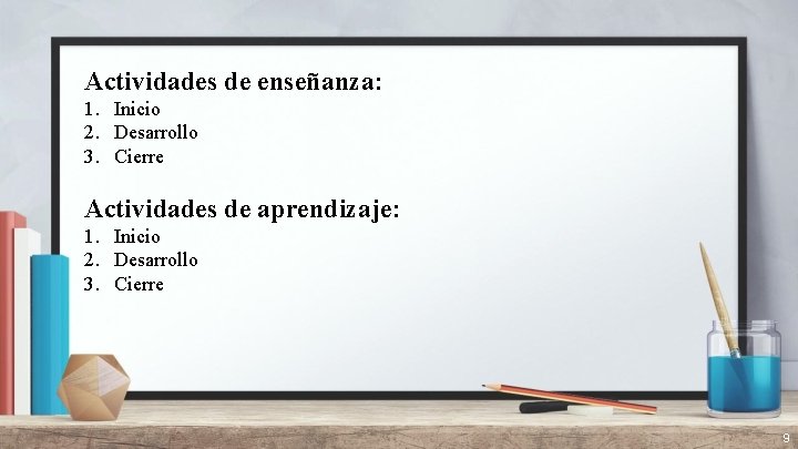 Actividades de enseñanza: 1. Inicio 2. Desarrollo 3. Cierre Actividades de aprendizaje: 1. Inicio