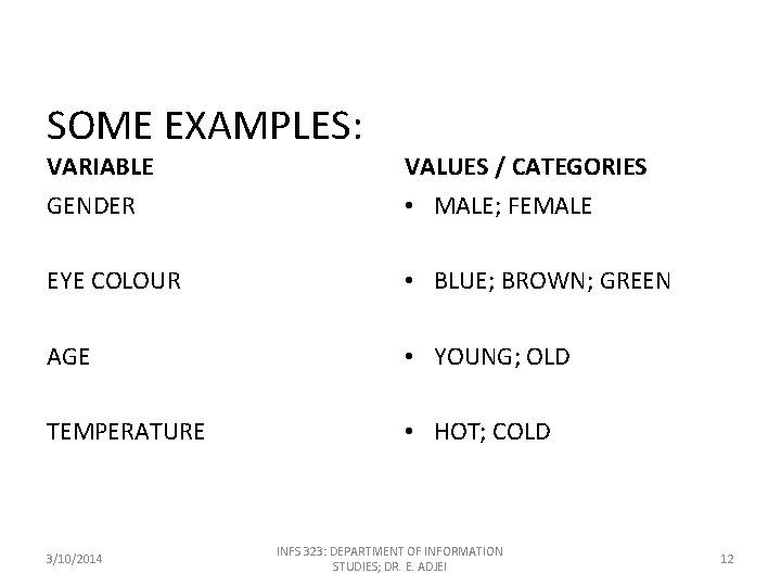 SOME EXAMPLES: VARIABLE VALUES / CATEGORIES GENDER • MALE; FEMALE EYE COLOUR • BLUE;