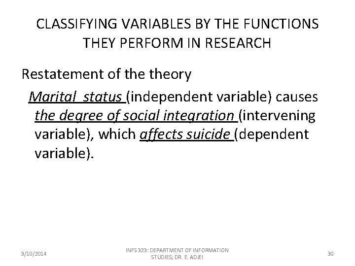 CLASSIFYING VARIABLES BY THE FUNCTIONS THEY PERFORM IN RESEARCH Restatement of theory Marital status