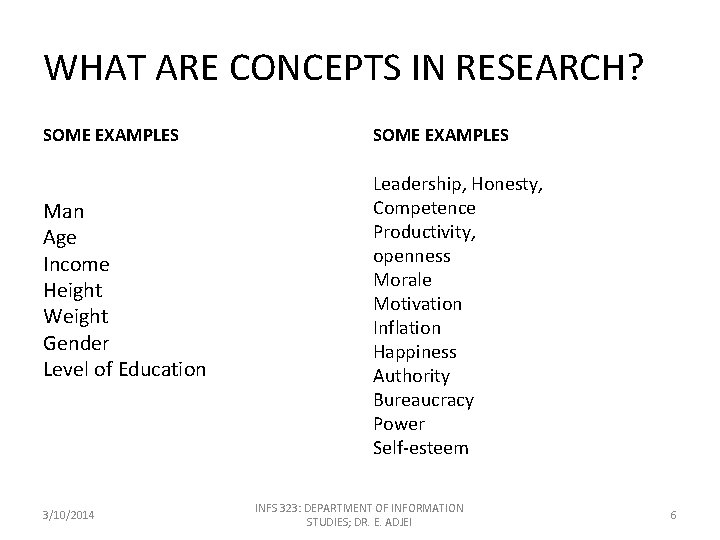WHAT ARE CONCEPTS IN RESEARCH? SOME EXAMPLES Man Age Income Height Weight Gender Level