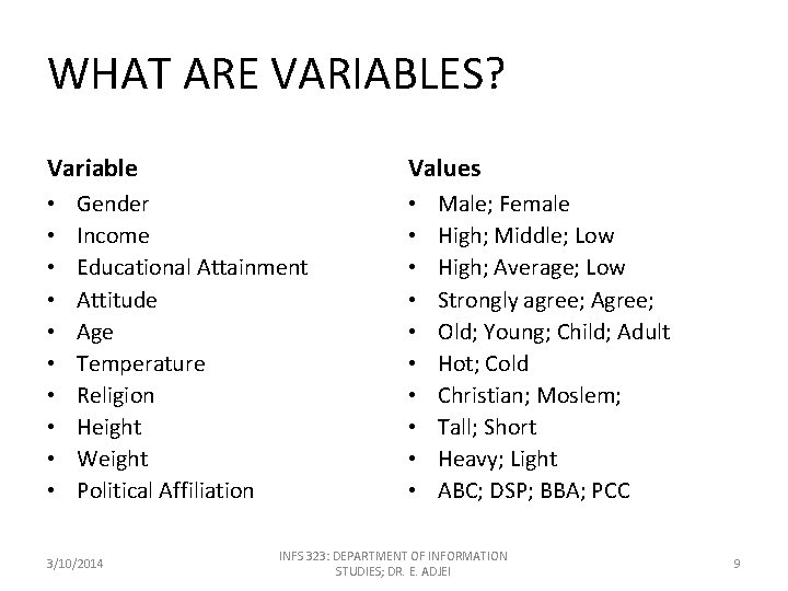 WHAT ARE VARIABLES? Variable • • • Values Gender Income Educational Attainment Attitude Age