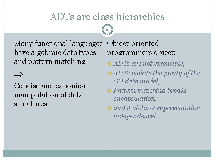 ADTs are class hierarchies 10 Many functional languages Object-oriented have algebraic data types programmers