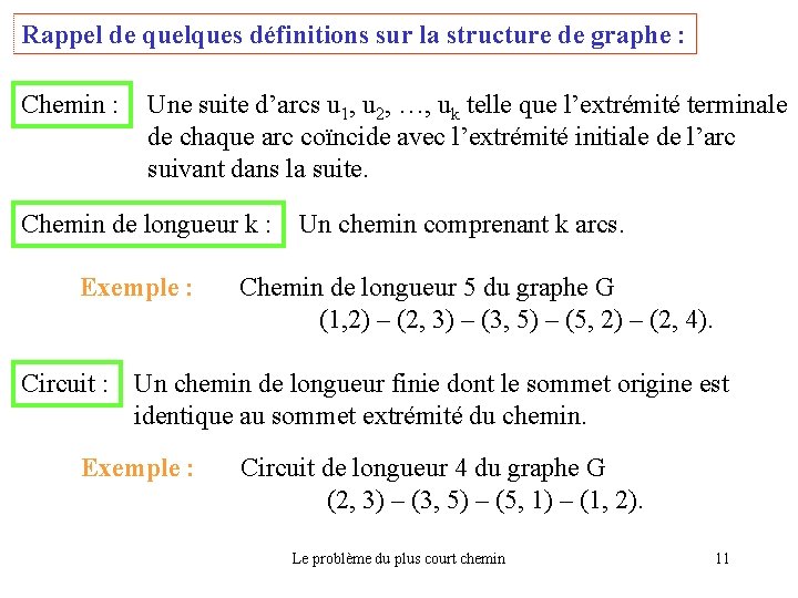 Rappel de quelques définitions sur la structure de graphe : Chemin : Une suite