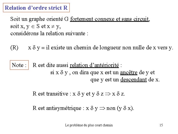 Relation d’ordre strict R Soit un graphe orienté G fortement connexe et sans circuit,