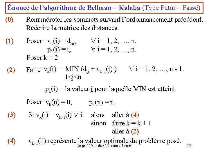 Énoncé de l’algorithme de Bellman – Kalaba (Type Futur – Passé) (0) Renuméroter les
