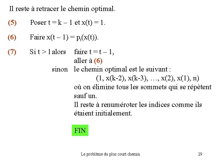 Il reste à retracer le chemin optimal. (5) Poser t = k – 1