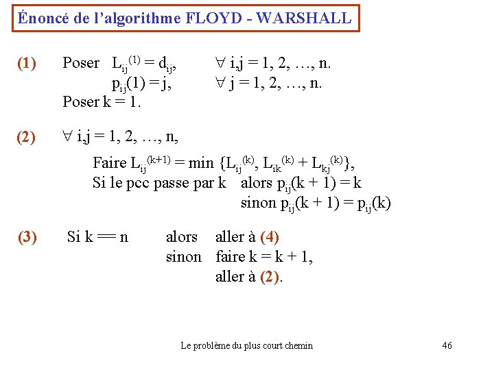 Énoncé de l’algorithme FLOYD - WARSHALL (1) Poser Lij(1) = dij, pij(1) = j,