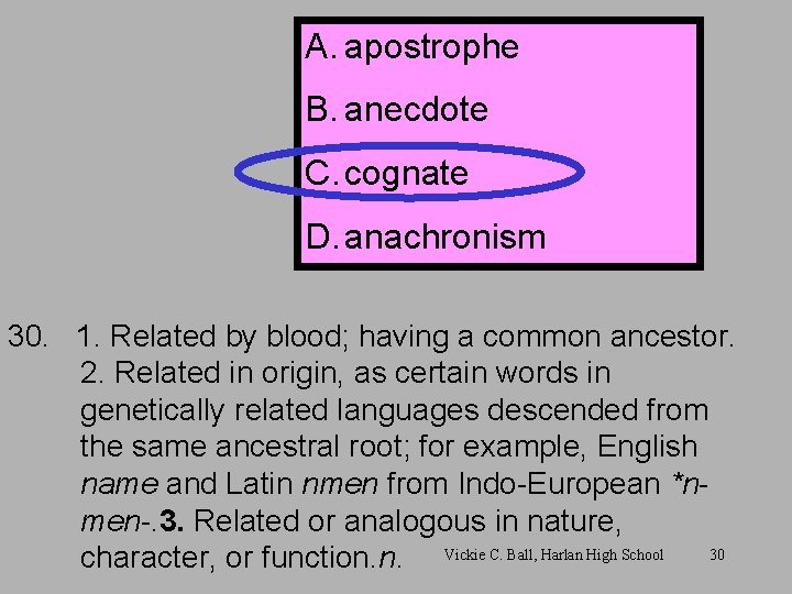 A. apostrophe B. anecdote C. cognate D. anachronism 30. 1. Related by blood; having