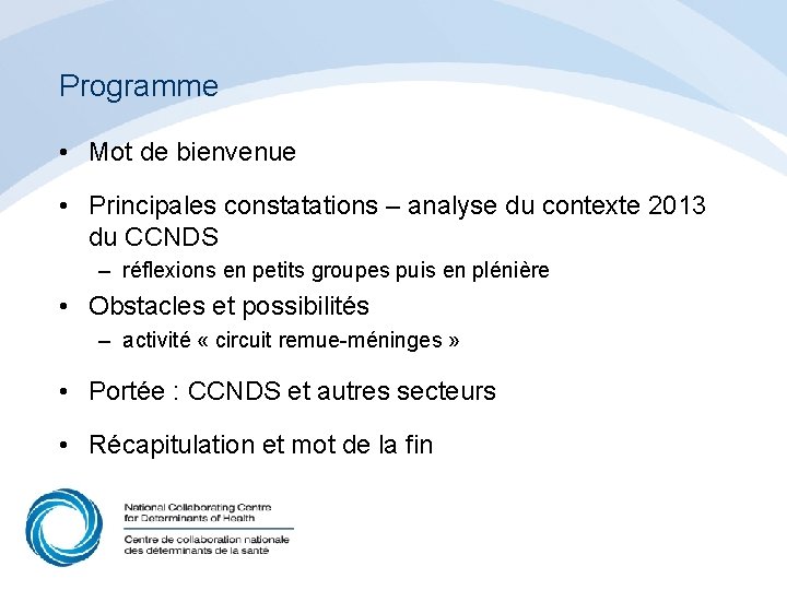 Programme • Mot de bienvenue • Principales constatations – analyse du contexte 2013 du