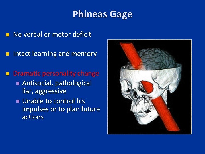 Phineas Gage n No verbal or motor deficit n Intact learning and memory n