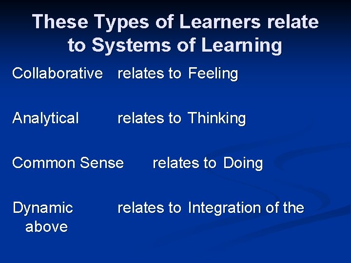 These Types of Learners relate to Systems of Learning Collaborative relates to Feeling Analytical