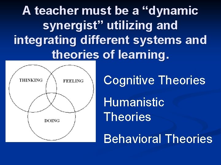 A teacher must be a “dynamic synergist” utilizing and integrating different systems and theories