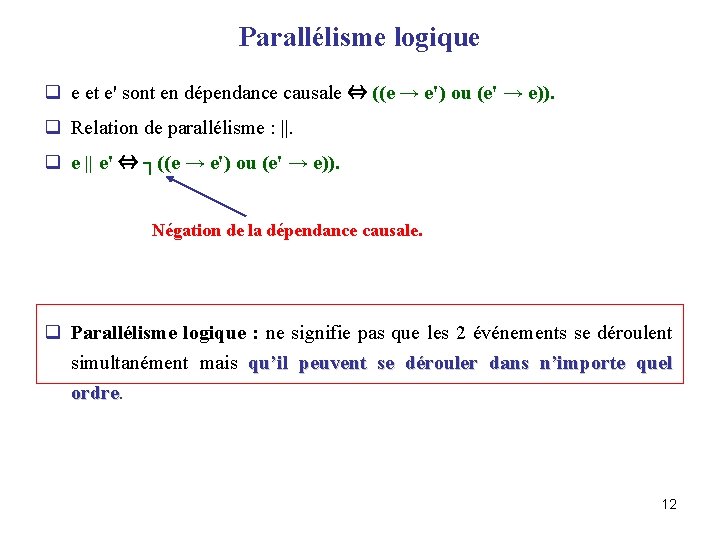 Parallélisme logique q e et e' sont en dépendance causale ⇔ ((e → e')