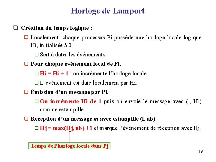 Horloge de Lamport q Création du temps logique : q Localement, chaque processus Pi