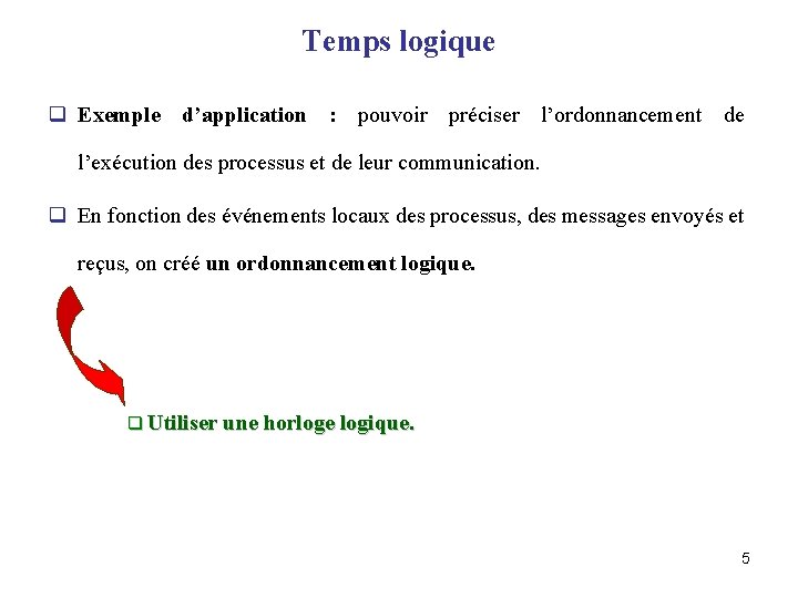 Temps logique q Exemple d’application : pouvoir préciser l’ordonnancement de l’exécution des processus et