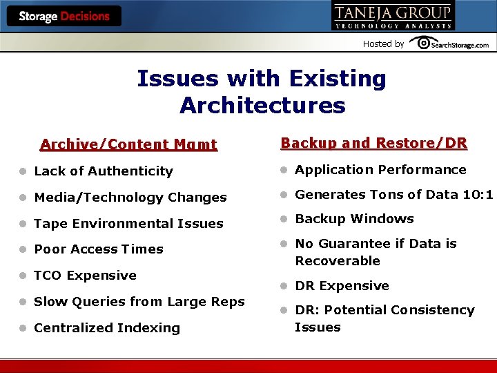 Hosted by Issues with Existing Architectures Archive/Content Mgmt Backup and Restore/DR l Lack of