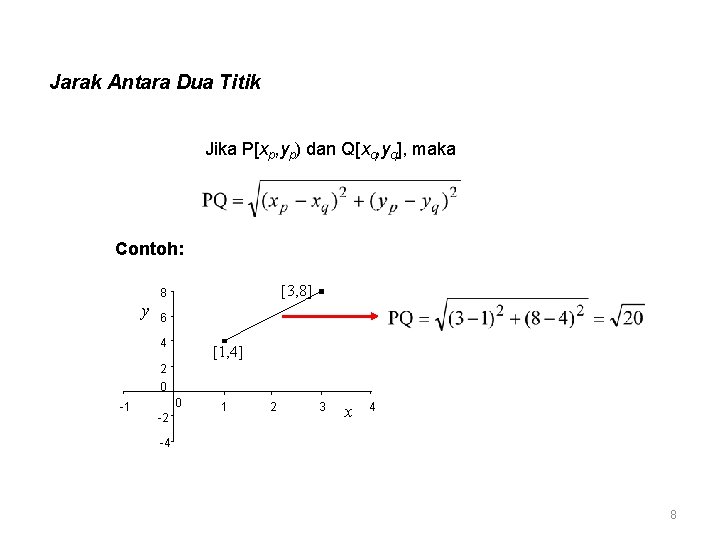 Jarak Antara Dua Titik Jika P[xp, yp) dan Q[xq, yq], maka Contoh: y [3,