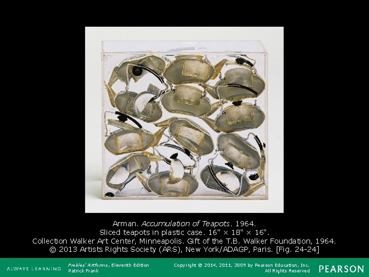 Arman. Accumulation of Teapots. 1964. Sliced teapots in plastic case. 16" × 18" ×