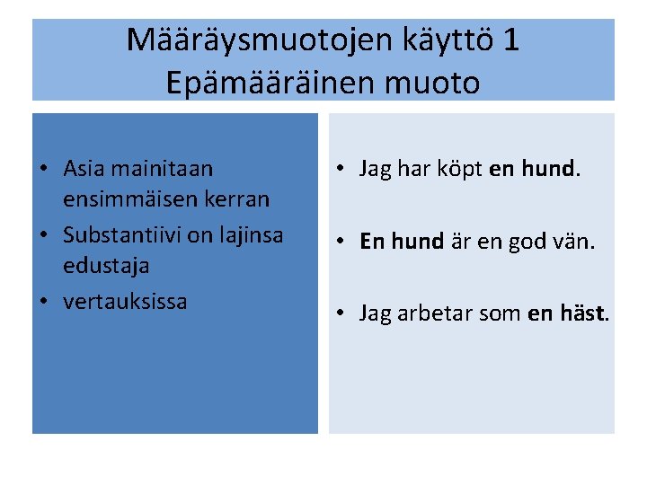 Määräysmuotojen käyttö 1 Epämääräinen muoto • Asia mainitaan ensimmäisen kerran • Substantiivi on lajinsa